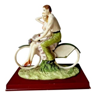 Vintage Italian Art Sculpture Santini Man Woman Romantic Couple Bicycle… For Sale