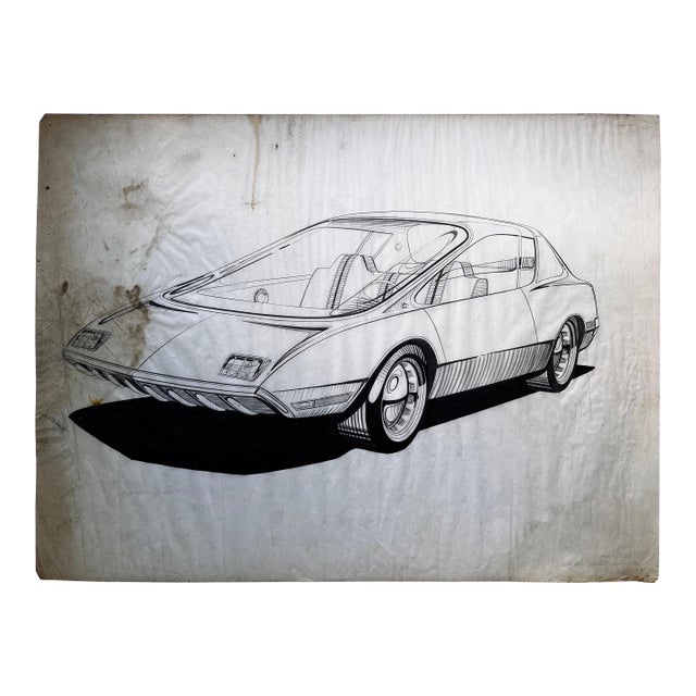 Vintage Futuristic Concept Car Drawing by Artist Dennis Mog, circa 1970 For Sale