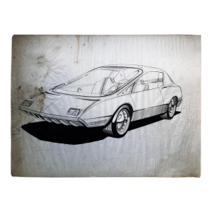 Vintage Futuristic Concept Car Drawing by Artist Dennis Mog, circa 1970