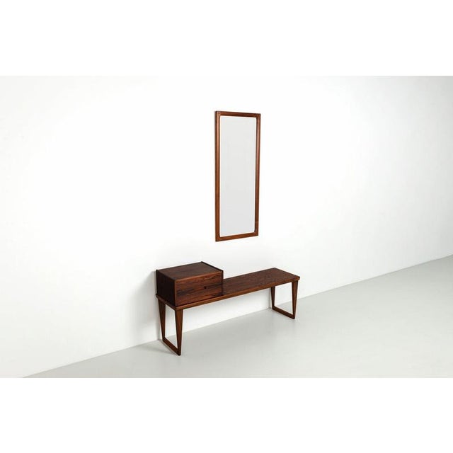 Kai Kristiansen bench and mirror for Aksel Kjersgaard, Denmark, 1960. An elegant and minimalist Danish modern set, crafted...