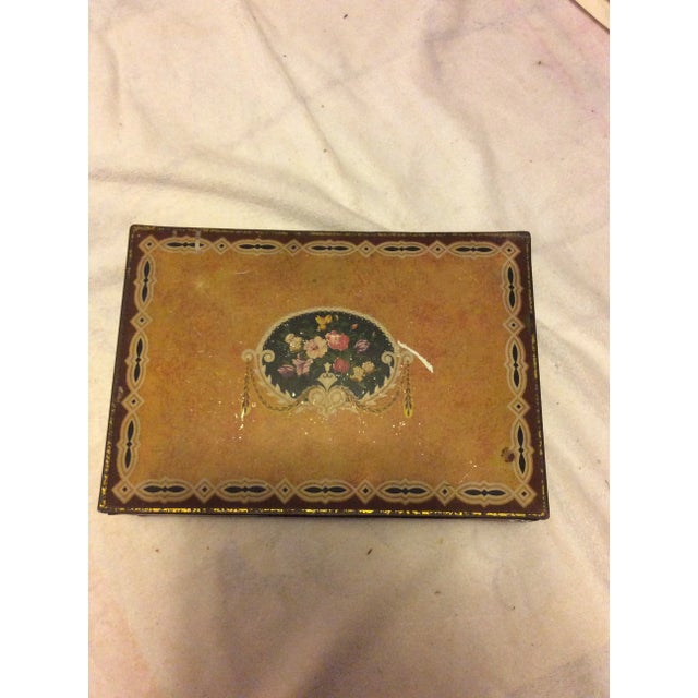 Mid-century tin box, lined.