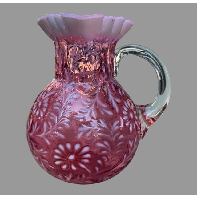 Antique Victorian Cranberry Opalescent Floral Decorated Art Glass Water Pitcher In very good original condition showing...