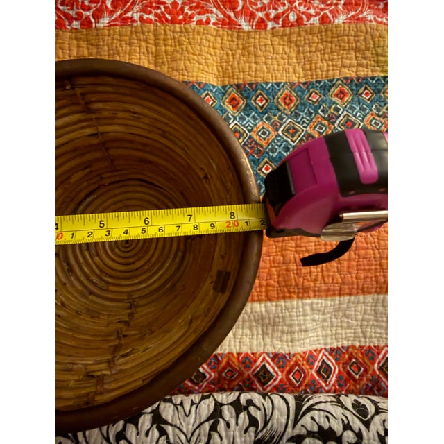 Wood Vintage Mid Century Italian Pencil Reed Bamboo Rattan Log Basket With Brass Trim and Handles. For Sale - Image 7 of 8