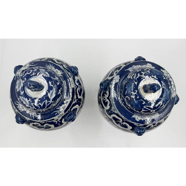 Mid 20th Century Mid 20th Century Pair of Chinese Style Blue and White Porcelain Temple Ginger Jars For Sale - Image 5 of 18