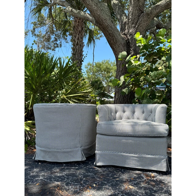 Textile Pair of Vintage Blue & White Houndstooth Tufted Club Chairs For Sale - Image 7 of 8