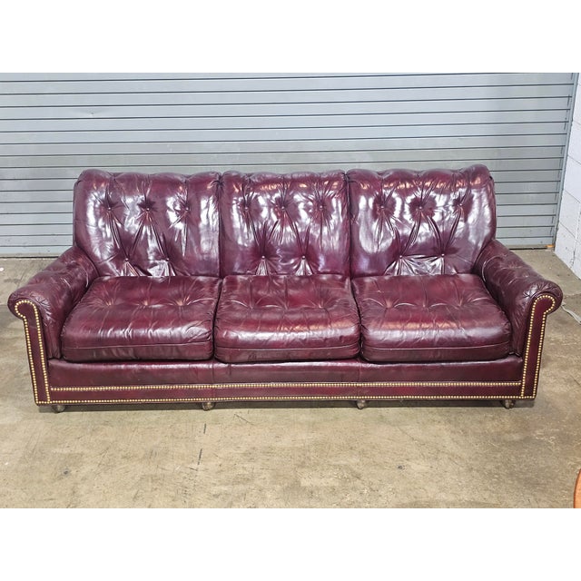 Traditional Late 20th Century Hancock & Moore Red Leather Sofa Nailhead Trim Three Cushions For Sale - Image 3 of 16