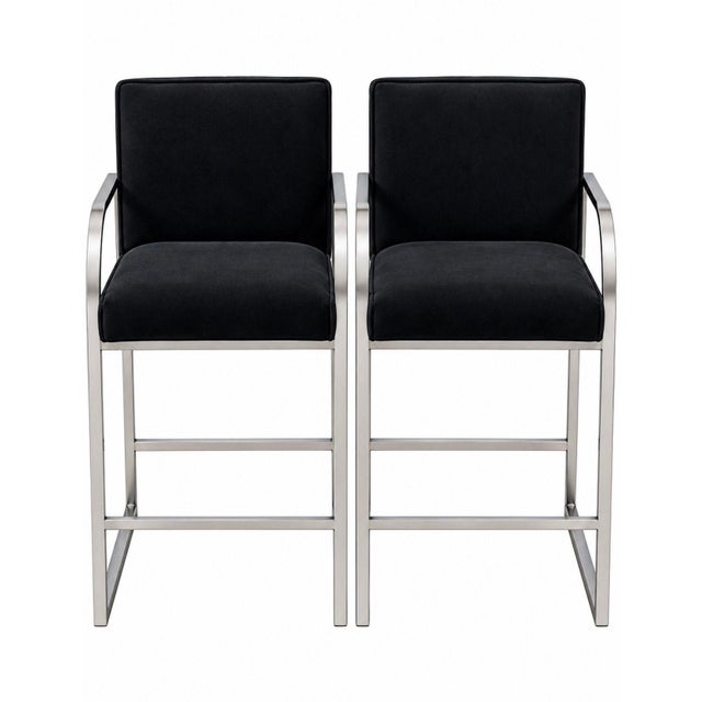 Pair Milo Baughman Velvet and Chrome Bar Stools, 1970’s. Black velvet and chrome is in great condition. Measure 44” tall...