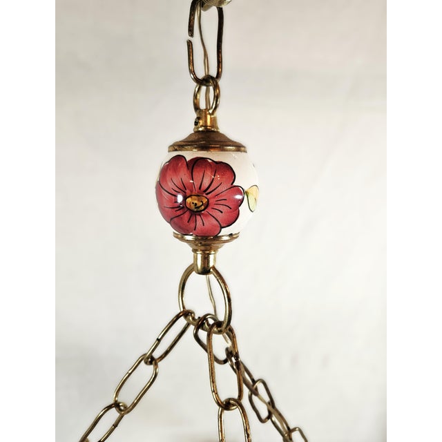 1980s Italian Style Ceramic & Brass Ornate Floral Large Pendant Light For Sale In Dallas - Image 6 of 9