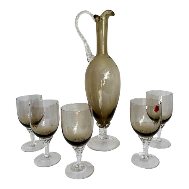 Mid-Century Italian Smoky Gray Glass Decanter & Wine Glasses, Set of 6 For Sale