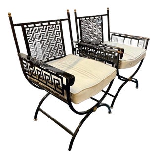 Pair of Italian Steel Greek Key Patterned Arm Chairs For Sale