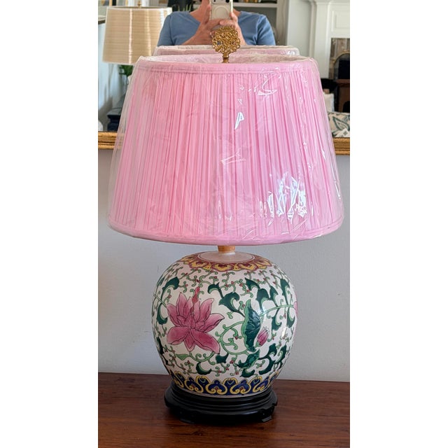 Pretty chinoiserie style ginger jar lamp with new pink fabric shade. Attractive pink and deep emerald green hand painted...