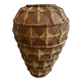 1990s Woven Rattan Wrapped Ceramic Floor Vase For Sale