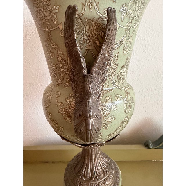 Vintage Hua Rong Tang Zhi Bronze Mounted Sage Green Crackle Porcelain Urn Vase For Sale In Los Angeles - Image 6 of 12