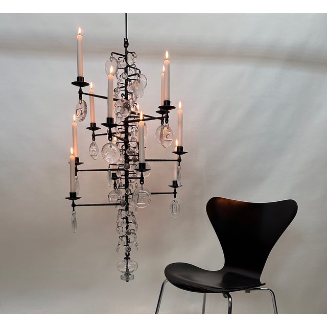 Mid-Century Modern Large Vintage Candle Chandelier in Mouth-Blown Glass and Wrought Iron by Erik Höglund for Boda Smide, 1960s For Sale - Image 3 of 18