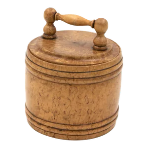 Early 19th Century English Round Carved Birch Treenware Tobacco Jar with Handle