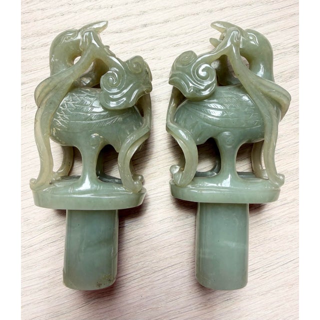 1920s 2 Antique Chinese Dragon Celadon Jade Vessels Custom Stands Qing Republic Era For Sale - Image 5 of 12
