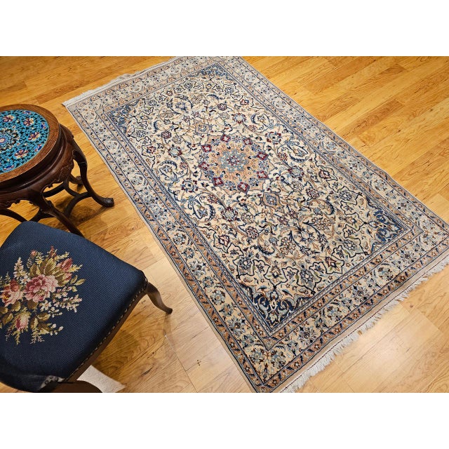 Textile Vintage Persian Nain Area Rug, Hand-Knotted Wool & Silk, Floral Pattern, 4x7, Ivory & Blue For Sale - Image 7 of 17