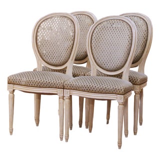 Mid-Century French Louis XVI Painted Dining Side Chairs With Fabric, Set of 4 For Sale