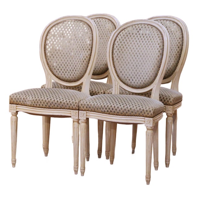 Mid-Century French Louis XVI Painted Dining Side Chairs With Fabric, Set of 4 For Sale