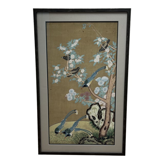Framed Antique Persian Painting of Birds and Flowers on Silk For Sale