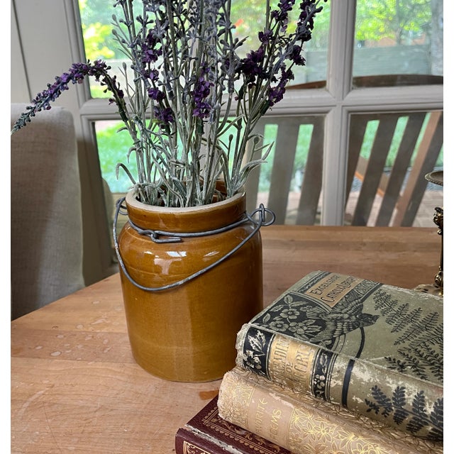 Brown Antique Glazed French Crock W/Metal Carrier For Sale - Image 8 of 9