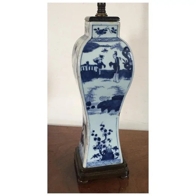 Antique 19th Century Chinese Blue & White Porcelain Vase Decorated With Figures in Landscape Representing the Four Seasons Mounted as a Lamp For Sale - Image 4 of 11