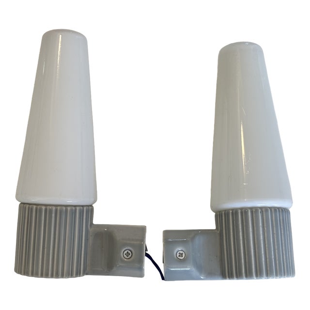 Mid-Century Modern Wall Lights in Opaline Glass and Ceramic by Sigvard Bernadotte for Ifö, 1960s, Set of 2 For Sale