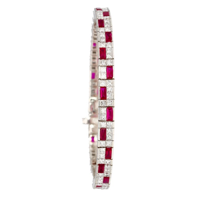 12 Carat Channel Set Art Deco Style Ruby & Diamond Bracelet in 18k White Gold For Sale - Image 4 of 4