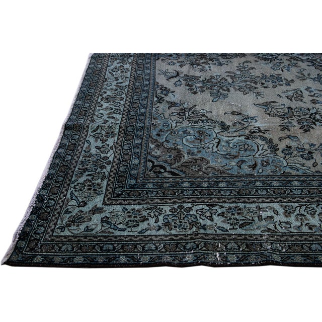 Shabby Chic 1960s Vintage Persian Blue Handmade Floral Wool Rug For Sale - Image 3 of 7