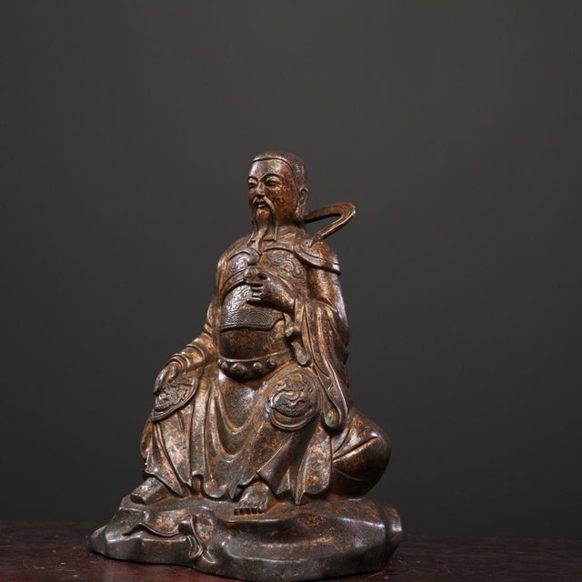 Vintage Chinese Gilt‑Patina Bronze Zhenwu Emperor Seated Deity Statue, Taoist Sculpture For Sale - Image 9 of 9