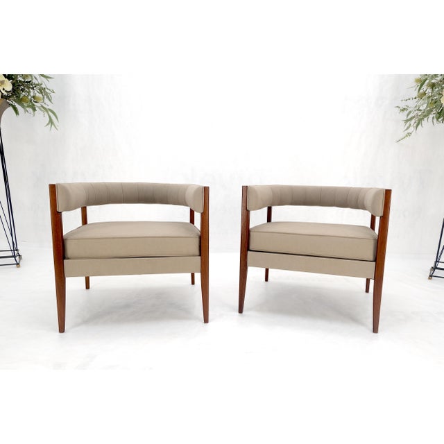 Pair New Alcantera Upholstery Walnut Cube Shape Barrel Back Lounge Chairs MINT! For Sale - Image 13 of 13