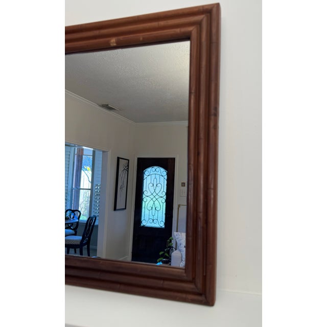 Hollywood Regency Embossed Faux Bamboo Wood Wall Mirror For Sale - Image 10 of 11