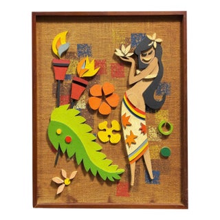 Rare 1960s MCM Tropical Hula Girl Hand Cut Wood 3d Wall Sculptural Framed Art For Sale