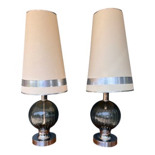 1970s Hollywood Regency Smoked Glass Globe Table Lamps With Chrome Bases & Original Shades - a Pair For Sale