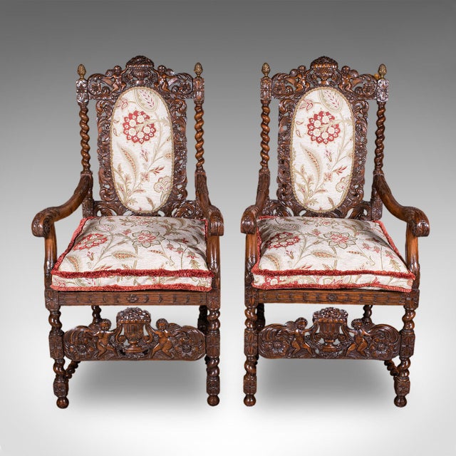 Traditional Pair of Antique Charles II Revival Arm Chairs, English, Elbow Seat, Edwardian For Sale - Image 3 of 12