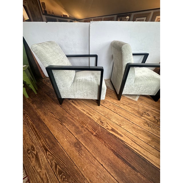 Modern Ebonized Wood and Gray Velvet Upholstered Club Chairs -a Pair For Sale - Image 3 of 8