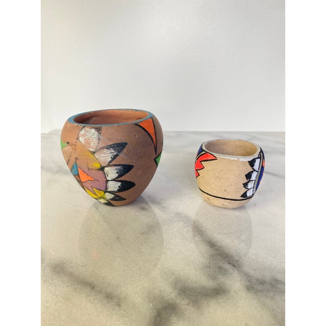 Mexican Pair of Mid-Century Handmade Tesuque Pueblo Pottery Vessels With Poster Paint Decoration, New Mexico For Sale - Image 3 of 7