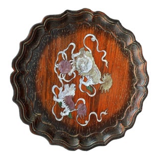 Vintage Chinese Rosewood & Mother-of-Pearl Inlay Dish – "Lion Dance" Motif For Sale