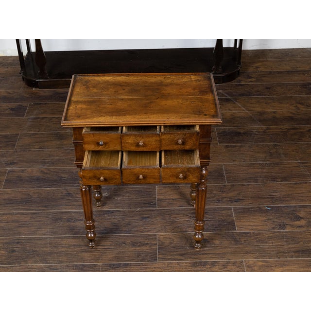 French 19th Century Walnut Side Table with Tray Top, Fluted Legs and Six Drawers For Sale - Image 11 of 12