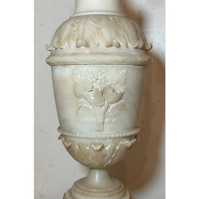Large Antique Hand Carved Alabaster Stone Marble Urn Flower Electric Table Lamp For Sale - Image 10 of 18
