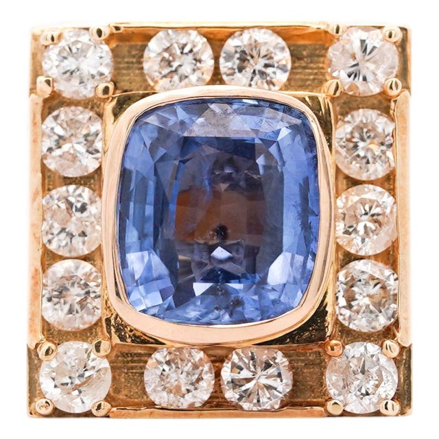 Gia Cert. 8.56 Carat Cushion Light Blue Sapphire 14k Gold Vintage Mens Ring, Size 8.5 For Sale
