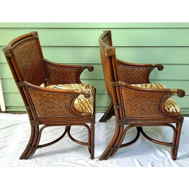 Vintage Bamboo & Rattan Arm Chairs – Pair of Wicker Dining or Accent Chairs With Upholstered Seats For Sale In Louisville - Image 6 of 10