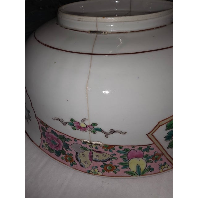 Pink Large Antique Japanese Bowl With Staple Repairs For Sale - Image 8 of 17