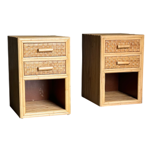 1980s Pair of Cane and Split Bamboo Nightstands