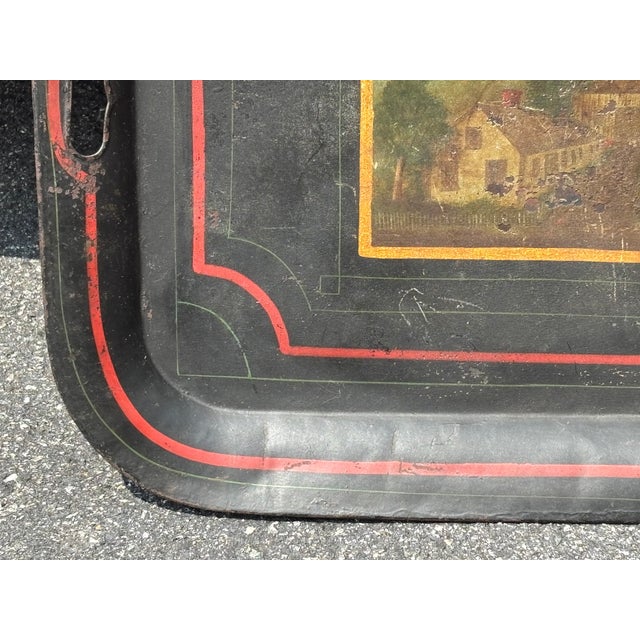Metal 18th/19th Century Hand Painted and Artisan Formed Tole Tray - Large Size - New England Village Imagery For Sale - Image 7 of 9