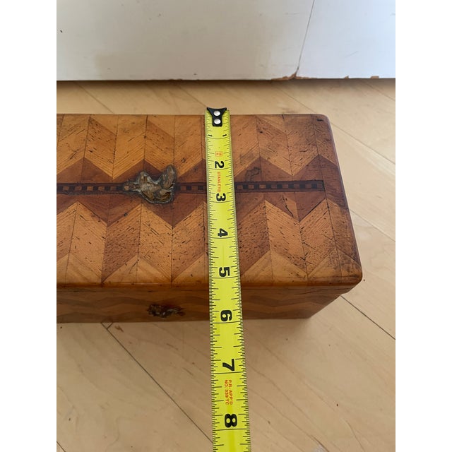 Rustic Handmade Antique Wooden Box With Geometric Herringbone Chevron Parquetry Inlay For Sale - Image 3 of 12