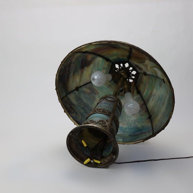 Gold Antique Bradley & Hubbard School Lighted Base Slag Glass Table Lamp C1920 For Sale - Image 8 of 8