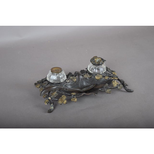Art Nouveau French Ivy Inkstand with Glass Inkwells, 1900s For Sale - Image 3 of 12