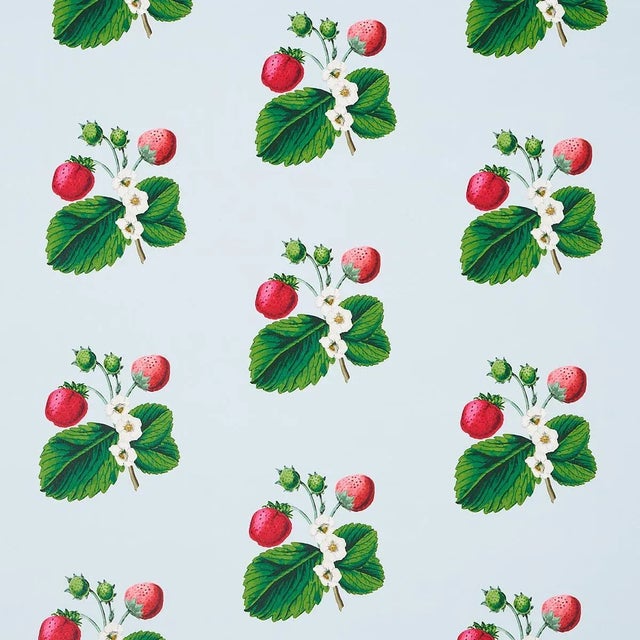 Schumacher x Johnson Hartig Strawberry Hill Wallpaper in Blue For Sale