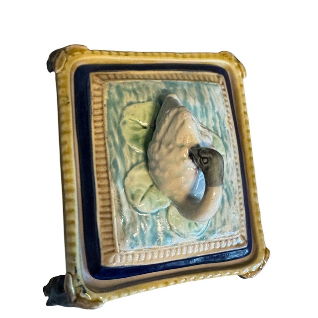 Green Circa 1900 English Majolica Swan Finial Sardine Box For Sale - Image 8 of 13